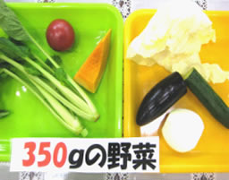 野菜の実物展示（野菜350g 生の野菜と加熱した野菜の比較）